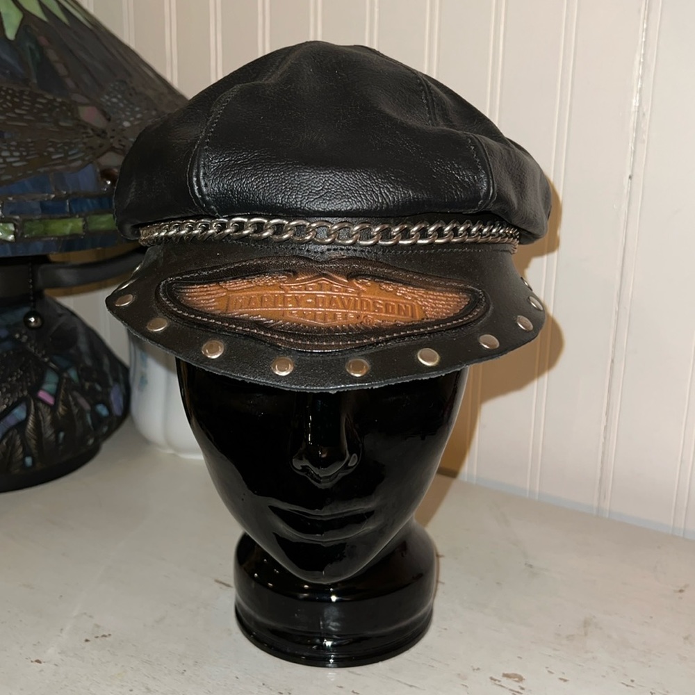 Vintage Harley Davidson leather chain studded hat adjustable motorcycle